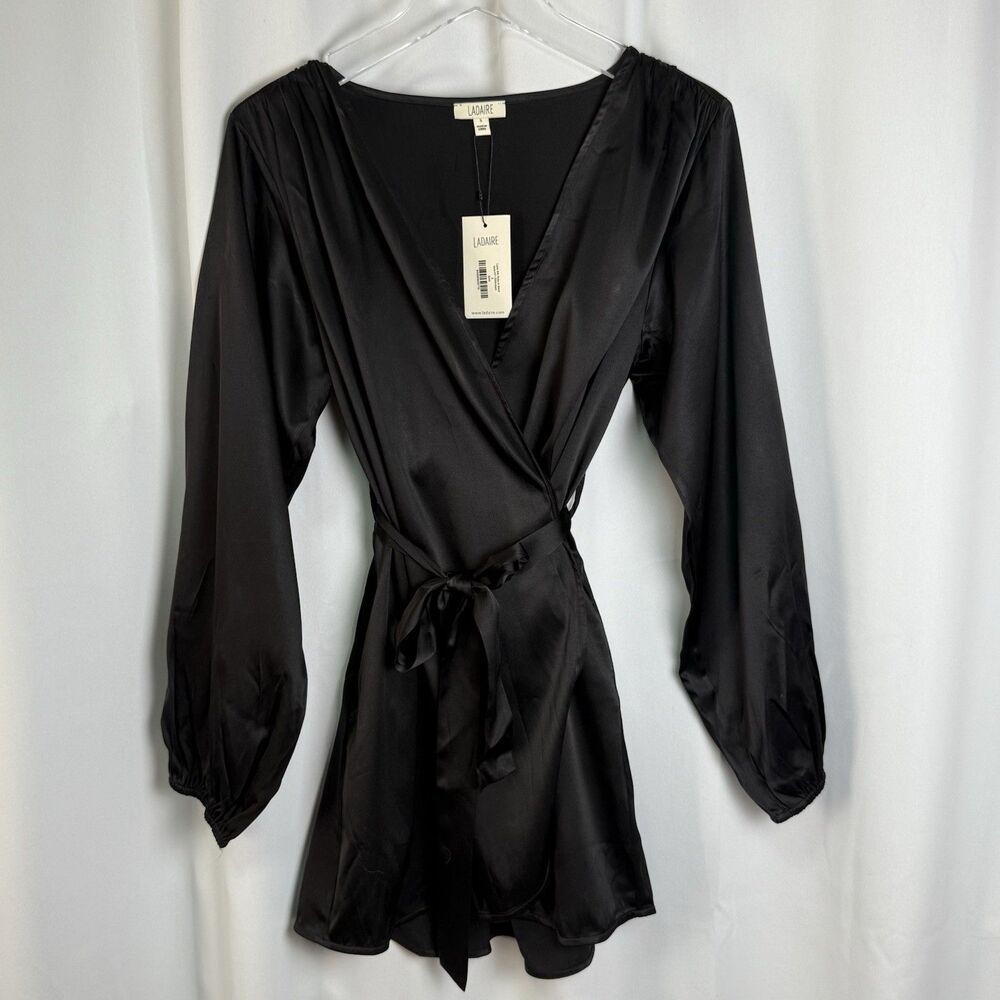 LADAIRE Layla Silk Spandex Blend Long Sleeve Tie Pocket Black Mini Robe Sz S New